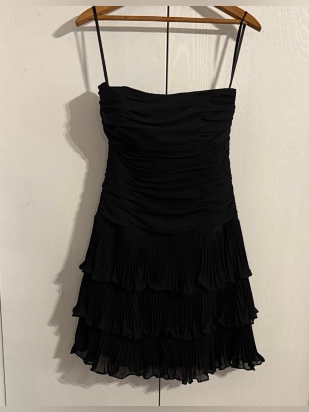 Elegant White House Black Market Ruffle Tiered Black Strapless Cocktail Dress